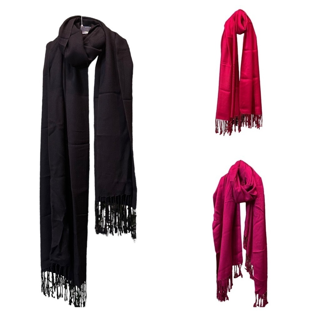 3 pashmina bundle: 1 black, 1 pink, 1 red - solid color with fringed ends in EUC